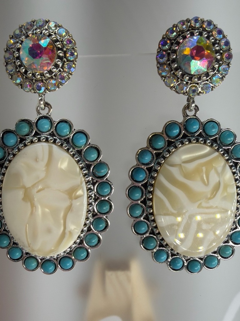 Turquoise and Cream Oval Drop Earrings - Women's Jewelry